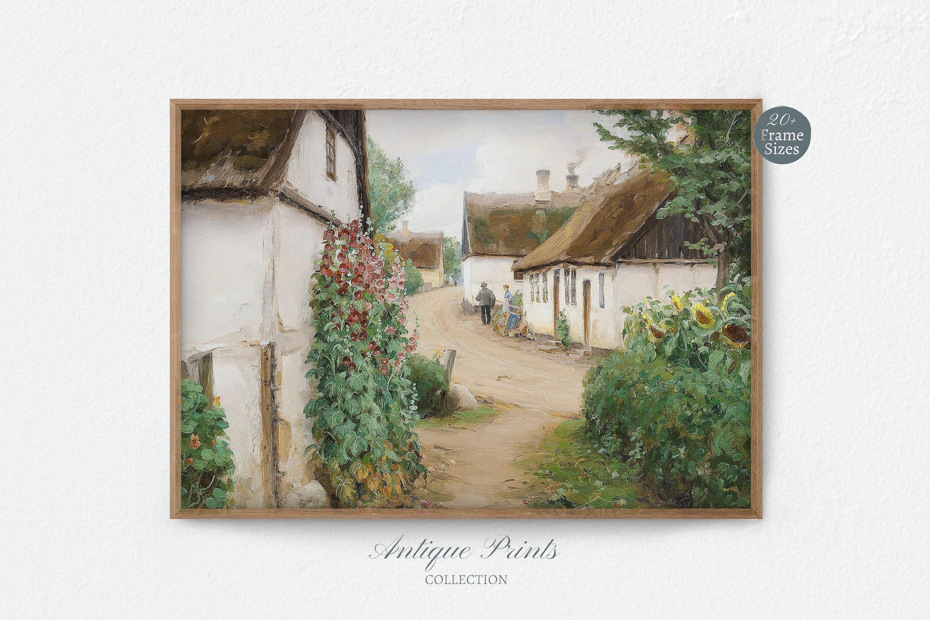 ◆最終SALEフランスアンティーク｜版画田舎の風景ノルマンディー絵画額壁掛け フランスの田舎のコテージの絵画、ヴィンテージの風景画、アンティーク