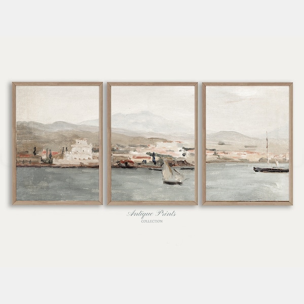 Set of 3 Muted Coastal Painting, Vintage Neutral Mediterranean 3 Pieces Wall Art, Antique Seascape Print, Beach Cottage Decor - PRINTABLE