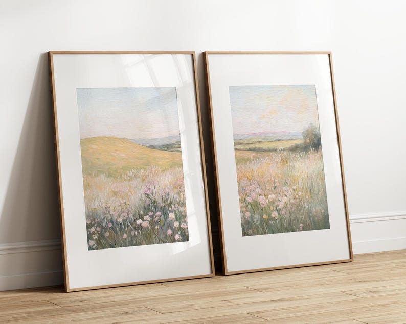Floral Landscape Set of 2 Split Print, Printable French Country 2 Pieces Wall Art, Wildflower Painting, Neutral Farmhouse Decor - PRINTABLE image 8