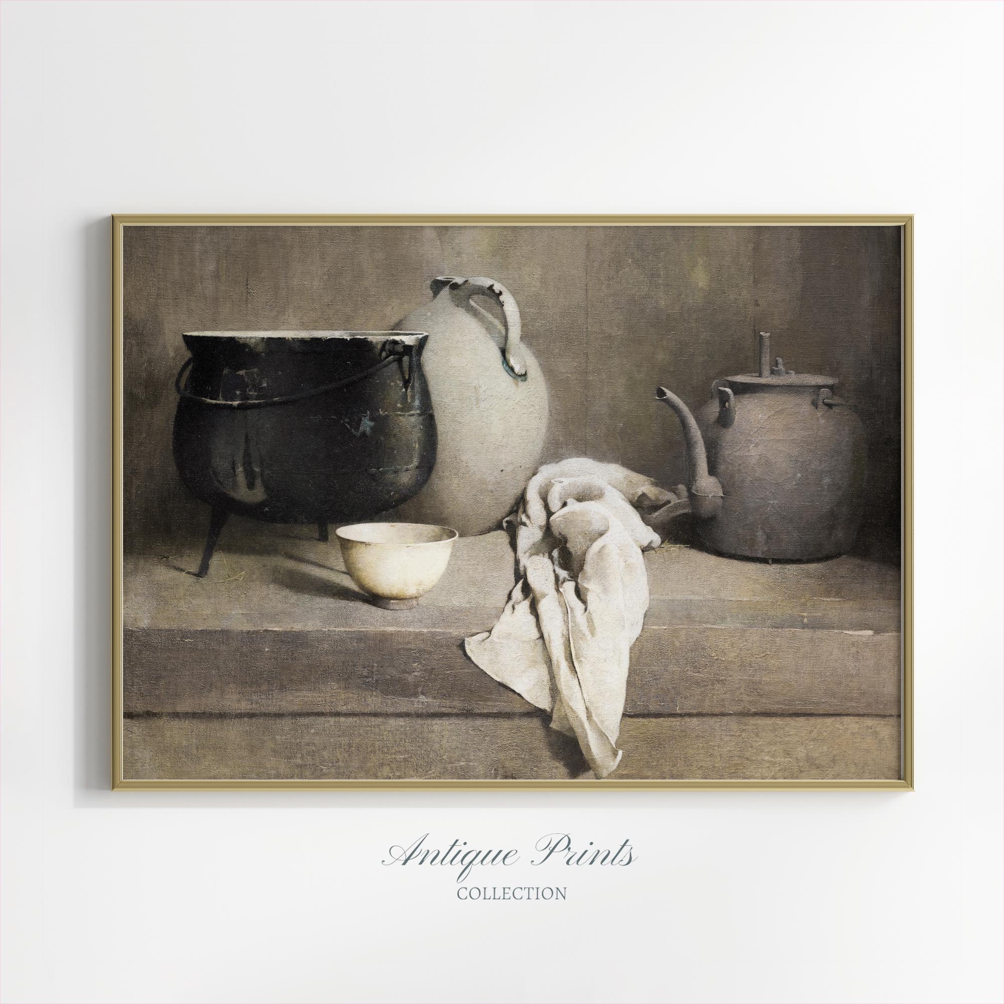 Arte de pared grande imprimible con ollas de cocina antiguas, impresión digital de estilo rústico vintage, decoración rústica de bodegón.