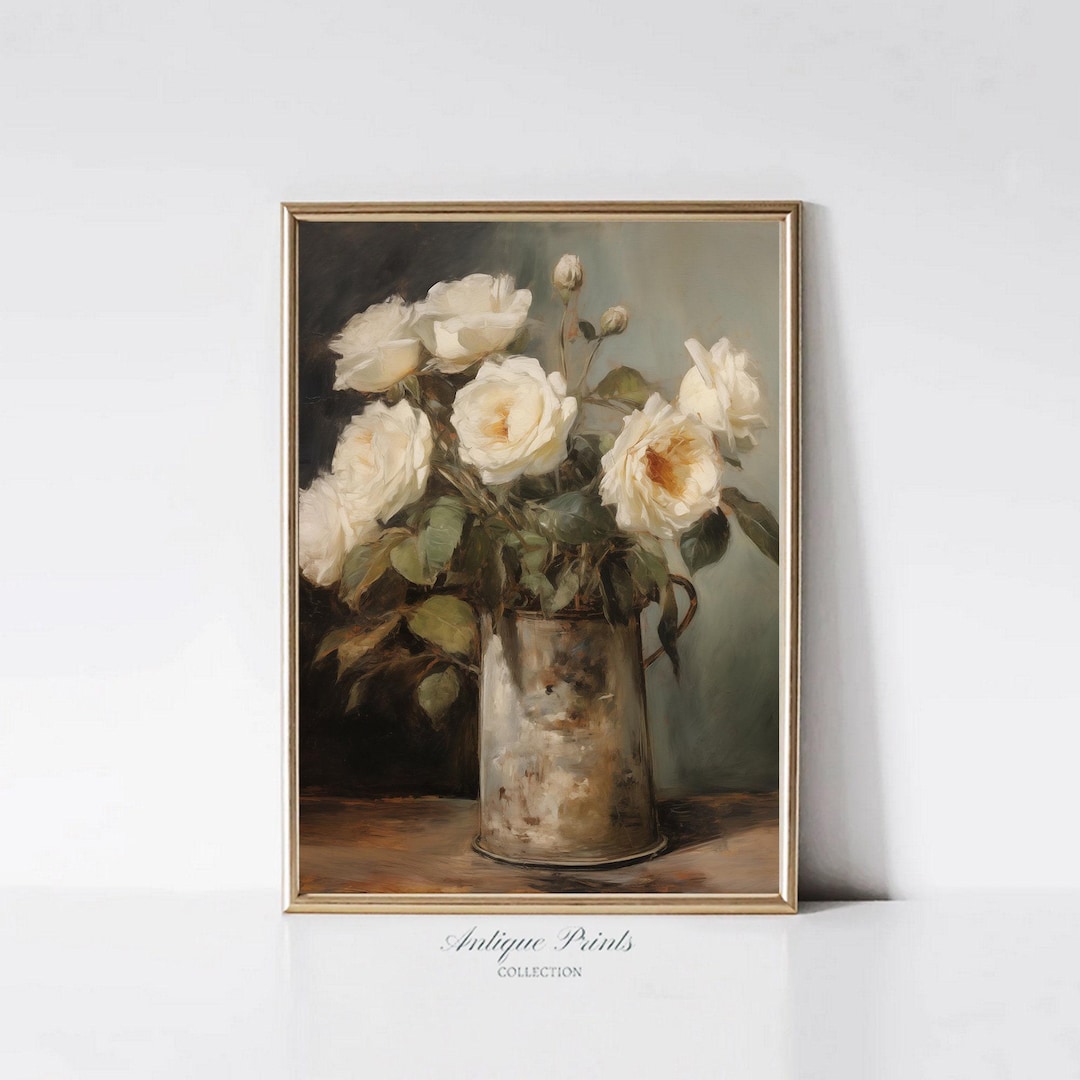 Roses Vase Painting, Vintage Warm Neutral Flowers Still Life Painting ...