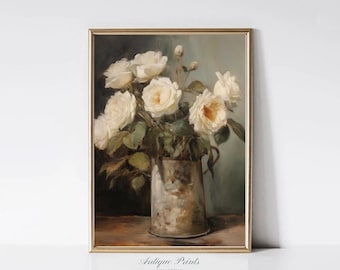 Vase roses, peinture vintage, nature morte de fleurs neutres chaudes, impression botanique florale antique, décoration de ferme - imprimable
