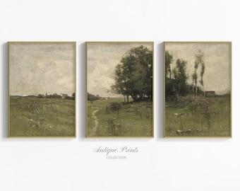 Moody Landscape Printable 3 Pieces Wall Art, Vintage Country Painting, Set of 3 Split Print, Countryside Print, Farmhouse Decor - PRINTABLE