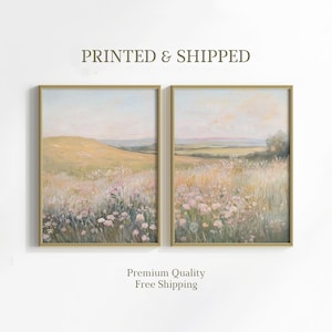 Floral Landscape Set of 2 Split Print, Mailed French Country Wall Art, Wildflower Painting, Neutral Farmhouse Decor, Mailed Fine Art Prints