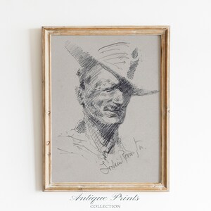 Vintage Cowboy Skizze, Cowboy Porträt Zeichnung, Südwest Wand Kunst, Rustikale Bauernhaus Dekoration, Antiker Cowboy Druck, Western Dekor - DRUCKBAR