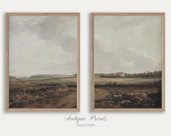 Moody Countryside Set of 2 Split Print, Country Print, Landscape 2 Pieces Vintage Wall Art, Muted Painting, Farmhouse Decor - PRINTABLE