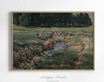 Countryside Antique Watercolor Painting, Vintage Landscape Print, Spring Country Wall Art, Rustic Farmhouse Wall Decor - PRINTABLE