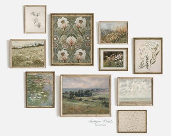 May include: A collection of antique prints in ornate frames, featuring various nature scenes, including a floral pattern, a field of wildflowers, a lake with lily pads, a landscape with trees, and a seascape with clouds. The prints are arranged in a grid pattern on a white wall.