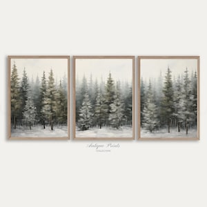 Hiver forêt de pins 3 pièces d'art mural, peinture de Noël, décoration hiver de vacances à la ferme, paysage rustique enneigé, lot de 3 impressions à imprimer