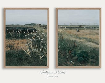 Conjunto de 2 cuadros de paisajes campestres vintage, impresión dividida de estilo melancólico campestre, arte de pared rústico antiguo imprimible de 2 piezas, decoración de pared de granja
