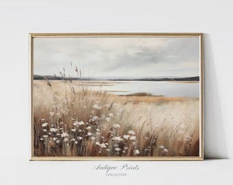 Muted Wildflower Painting, Lake Landscape Vintage Wall Art, Antique Neutral Country Print, Farmhouse Wall Decor - PRINTABLE