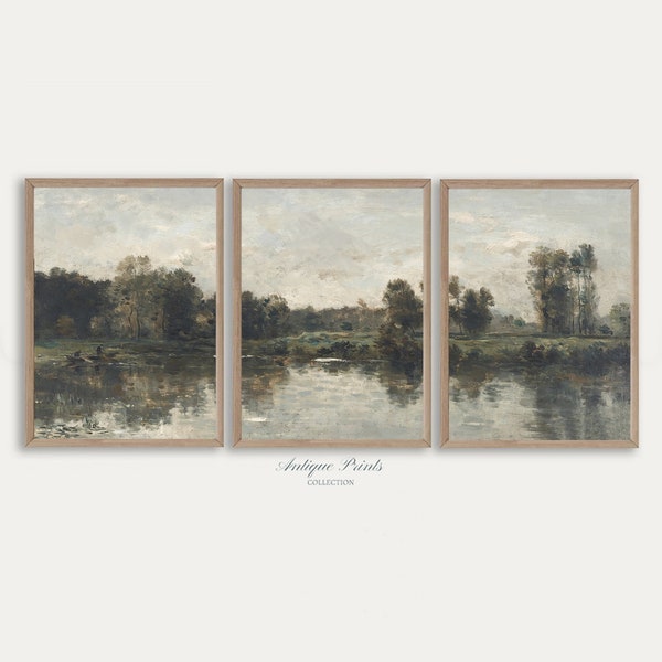 Vintage Pond Set of 3 Split Painting, Rustic Country Wall Decor, Antique Countryside Print, Landscape 3 Pieces Digital Wall Art - PRINTABLE