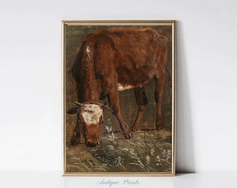Pintura al óleo de vaca vintage, arte mural de ganado antiguo, decoración de pared de granja, arte mural de animales de granja, impresión de vaca de las Tierras Altas - IMPRIMIBLE