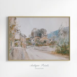 Europäisches Dorf Aquarell Malerei, Vintage, antike Landschaft, Bauernhaus Wanddekoration, neutrale Wandkunst - DRUCKBAR