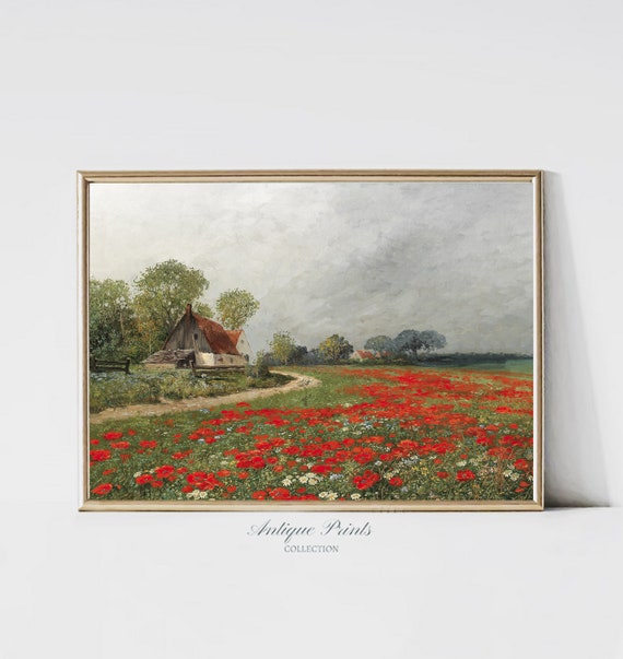 Antique Replica Field of Poppies Landscape Art Print Antique Replica Field of Poppies Landscape Art Print