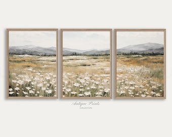 Neutral Wildflower Field Set of 3 Prints, Muted Country 3 Pieces Vintage Wall Art, Landscape Painting, Spring Farmhouse Decor - PRINTABLE