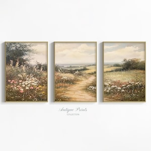 Neutral Wildflower Field Set of 3 Prints, Country Landscape 3 Pieces Wall Art, Floral Nature Painting, Spring Farmhouse Decor - PRINTABLE