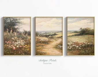 Neutral Wildflower Field Set of 3 Prints, Country Landscape 3 Pieces Wall Art, Floral Nature Painting, Spring Farmhouse Decor - PRINTABLE