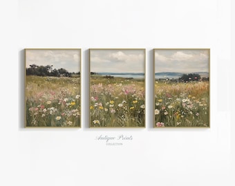 Bloemen land kunst aan de muur, veld met wilde bloemen set van 3 prenten, landschapsschilderkunst, neutrale platteland print, boerderij decor - AFDRUKBAAR