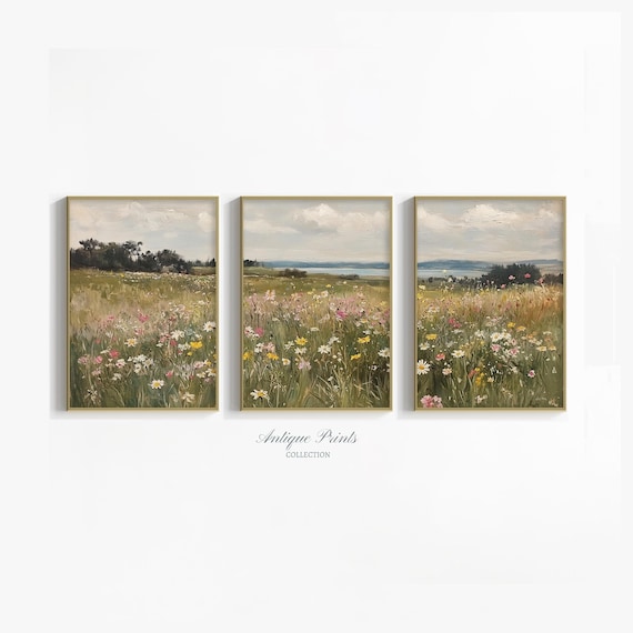 Floral Country Wall Art, Wildflower Field Set of 3 Prints, Landscape Painting, Neutral Countryside Print, Farmhouse Decor - PRINTABLE