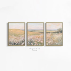Floral Landscape Set of 3 Neutral Print, Spring Country 3 Pieces Cottage Wall Art, French Country Painting, Farmhouse Decor - PRINTABLE