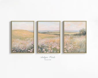Floral Landscape Set of 3 Neutral Print, Spring Country 3 Pieces Cottage Wall Art, French Country Painting, Farmhouse Decor - PRINTABLE