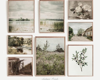 French Country Neutral Gallery Wall Set, Set of 8 Vintage Farmhouse Prints, Antique Countryside Painting, Rustic Cottage Decor - PRINTABLE
