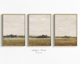 Neutral Landscape 3 Pieces Wall Art, Vintage Country Set of 3 Split Prints, Countryside Painting, Rustic Farmhouse Decor - PRINTABLE