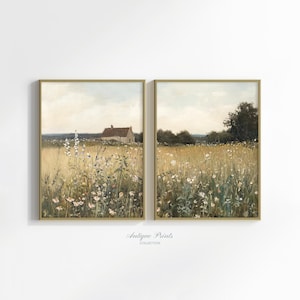 Wildflower Field Set of 2 Prints, Country 2 Pieces Vintage Wall Art, Landscape Painting, Neutral Split Print, Farmhouse Decor - PRINTABLE