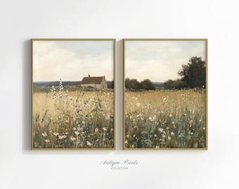 Wildflower Field Set of 2 Prints, Country 2 Pieces Vintage Wall Art, Landscape Painting, Neutral Split Print, Farmhouse Decor - PRINTABLE