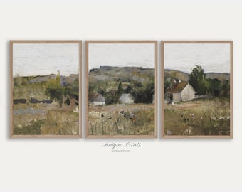 Neutral Landscape Set of 3 Split Print, Country 3 Pieces Vintage Wall Art, Muted Painting, French Country Print, Farmhouse Decor - PRINTABLE