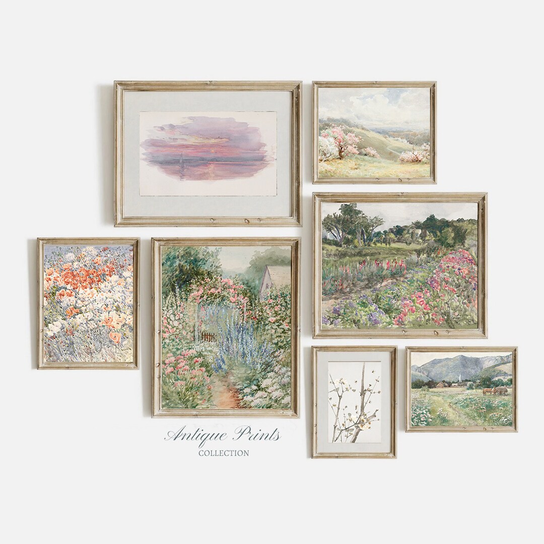 Vintage Set of 7 Floral Country Prints, Neutral Spring Gallery Wall Set ...