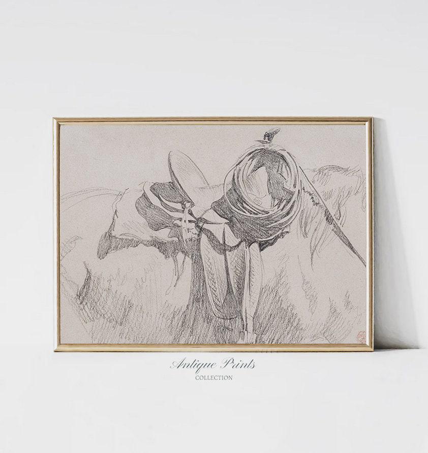 ヴィンテージの馬の鞍の絵、鞍のスケッチ、馬の壁アート、乗馬画、馬の