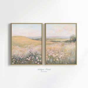 Floral Landscape Set of 2 Split Print, Printable French Country 2 Pieces Wall Art, Wildflower Painting, Neutral Farmhouse Decor - PRINTABLE