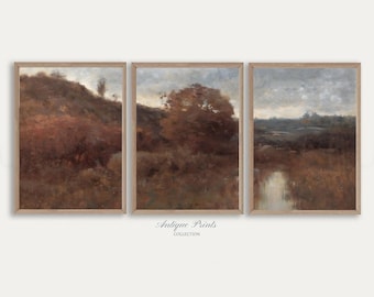 Set of 3 Autumn Countryside Painting, Vintage Fall 3 Pieces Wall Art, Farmhouse Decor, Fall Landscape Split Prints - PRINTABLE