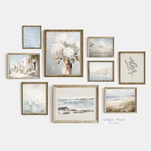 Muted Set of 9 Coastal Prints, Vintage Light Blue Aesthetic Gallery Wall Set, Beach Painting, Summer Decor, Seascape 9 Wall Art - PRINTABLE