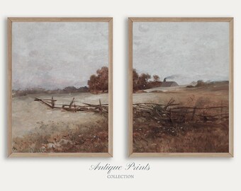 Vintage Fall 2 Pieces Wall Art, Set of 2 Autumn Countryside Painting, Farmhouse Decor, Fall Landscape Split Prints - PRINTABLE
