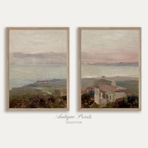 Neutrales Set mit 2 Küstengemälden, Vintage europäische Meerlandschaft 2 Stück, Wandkunst, antike Pastellküstendrucke - DRUCKBAR