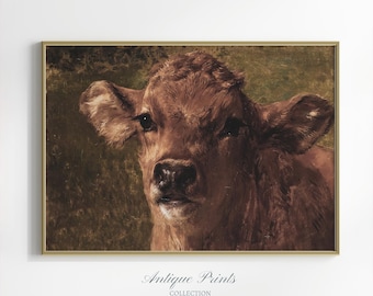 Pintura al óleo de ternera vintage, arte mural de ganado antiguo, decoración de pared de granja, impresión de vaca de las Tierras Altas - IMPRIMIBLE
