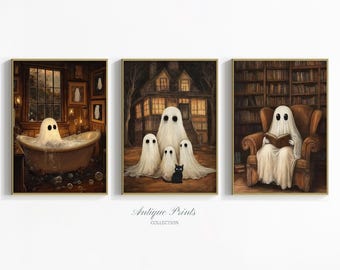 Afdrukbare Halloween-galerijset, schattige geesten set van 3 prints, herfstschilderij, Halloween-decor, boerderij spookachtige muurset, downloadbare prints