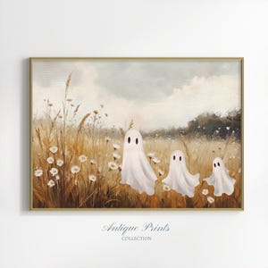 Cute Ghost in Wildflower Field Wall Art, Fall Spooky Halloween Print, Autumn Forest Landscape Painting, Ghost Halloween Decor, PRINTABLE