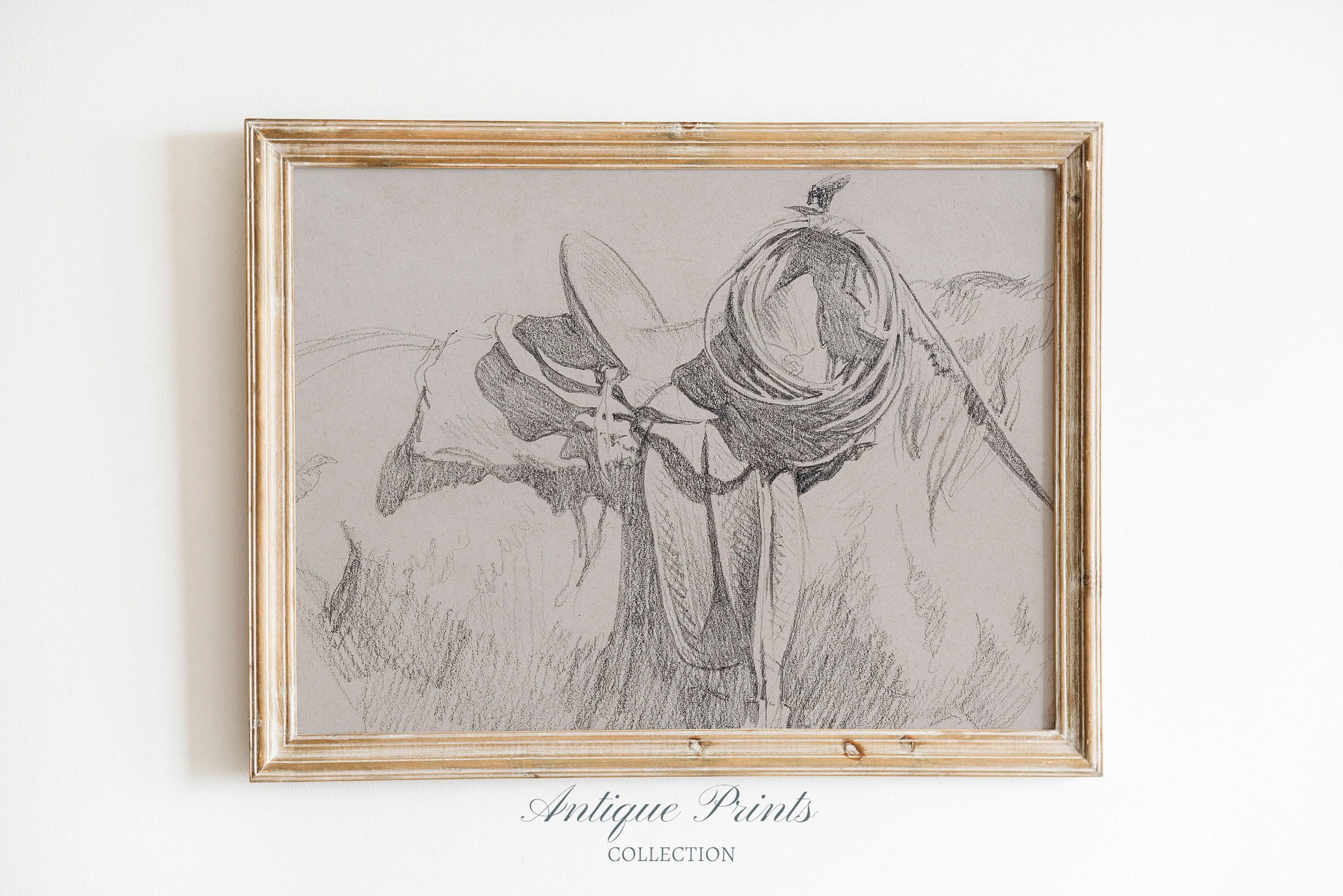 ヴィンテージの馬の鞍の絵、鞍のスケッチ、馬の壁アート、乗馬画、馬の