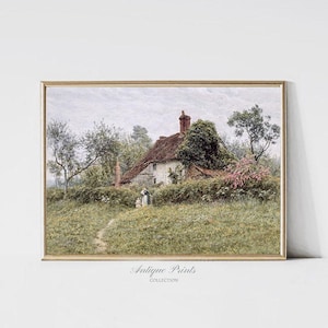 Vintage Cottage Painting, Landscape Print, Spring Garden Antique Wall Art, Country Farmhouse Wall Decor - PRINTABLE