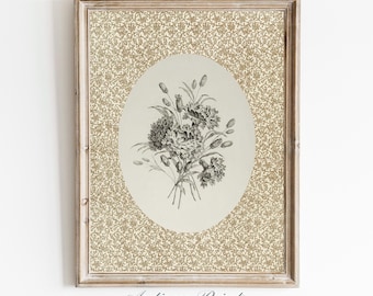 Neutrale Vintage Blumenwandkunst, Cottage Kindergartenkunst, druckbare Blumenzeichnung, antikes botanisches Musterdruck, digitale herunterladbare Kunst