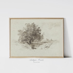 Neutrale antike Baum Zeichnung, Waldlandschaft Skizze Kunst, Vintage rustikale Kinderzimmer Dekor, Wald Bauernhaus Wandkunst - DRUCKBAR