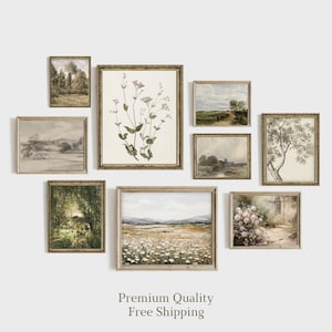 French Country Gallery Wall Set of 9 Prints, Vintage Country Wall Art, Green Cottage Decor, Spring Landscape Wall Art, Mailed Art Print