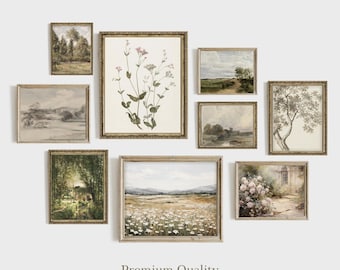 French Country Gallery Wall Set of 9 Prints, Vintage Country Wall Art, Green Cottage Decor, Spring Landscape Wall Art, Mailed Art Print