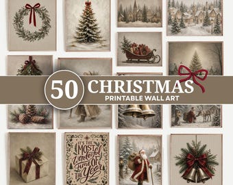 50 Christmas Neutral Prints Bundle, Snowy Winter Landscape, Santa Claus, Holiday Decor (Digital Download)