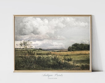 Neutral Country Vintage Wall Art, Fields Landscape Antique DIGITAL Print, Countryside Painting, Rustic Farmhouse Decor - PRINTABLE