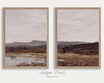 Country River Painting, Vintage Rustic Autumn Landscape 2 Pieces Wall Art, Digital Download, Farmhouse Decor - PRINTABLE